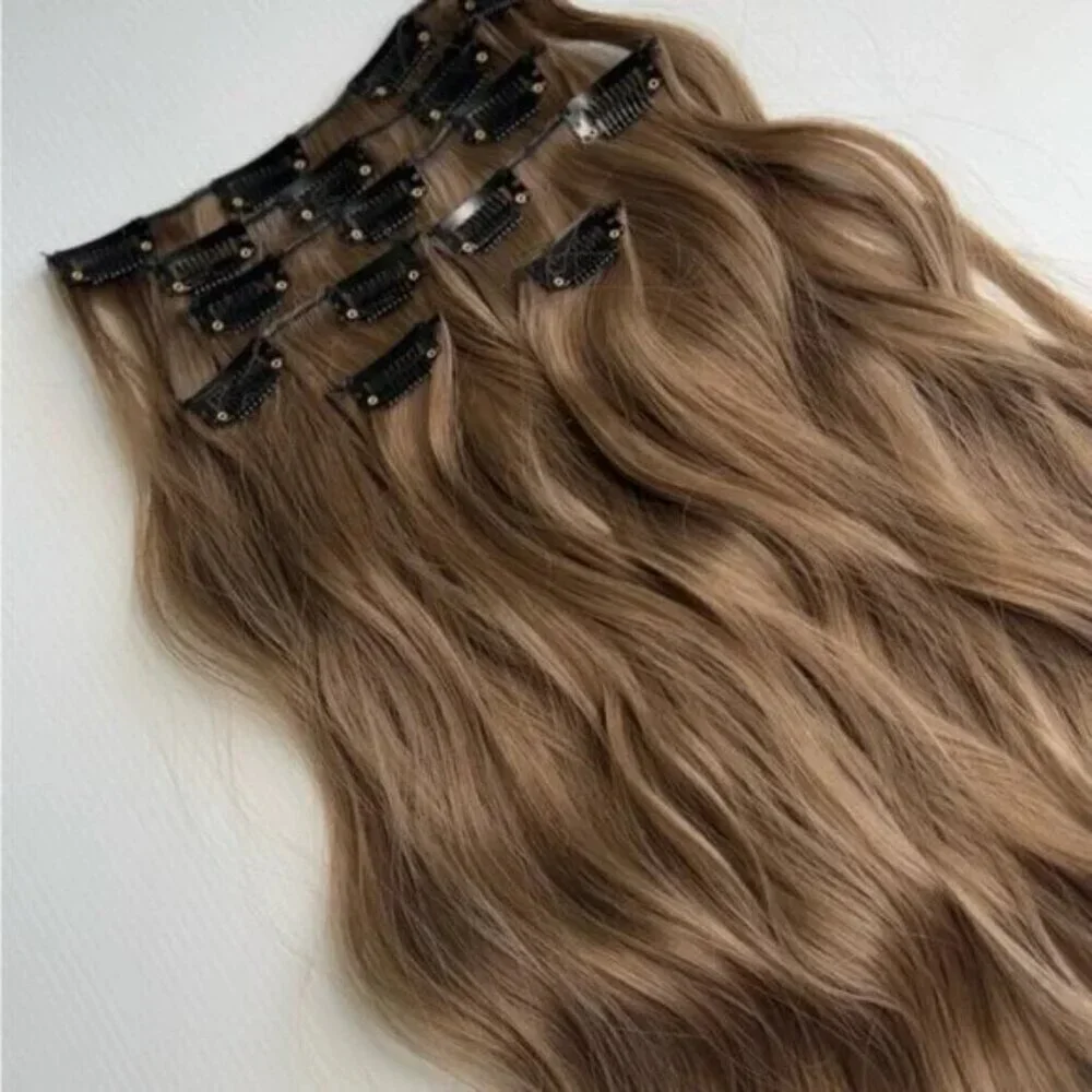 Ash light Brown Clip in 22 in Hair Extensions in Water Wave Human hair blend